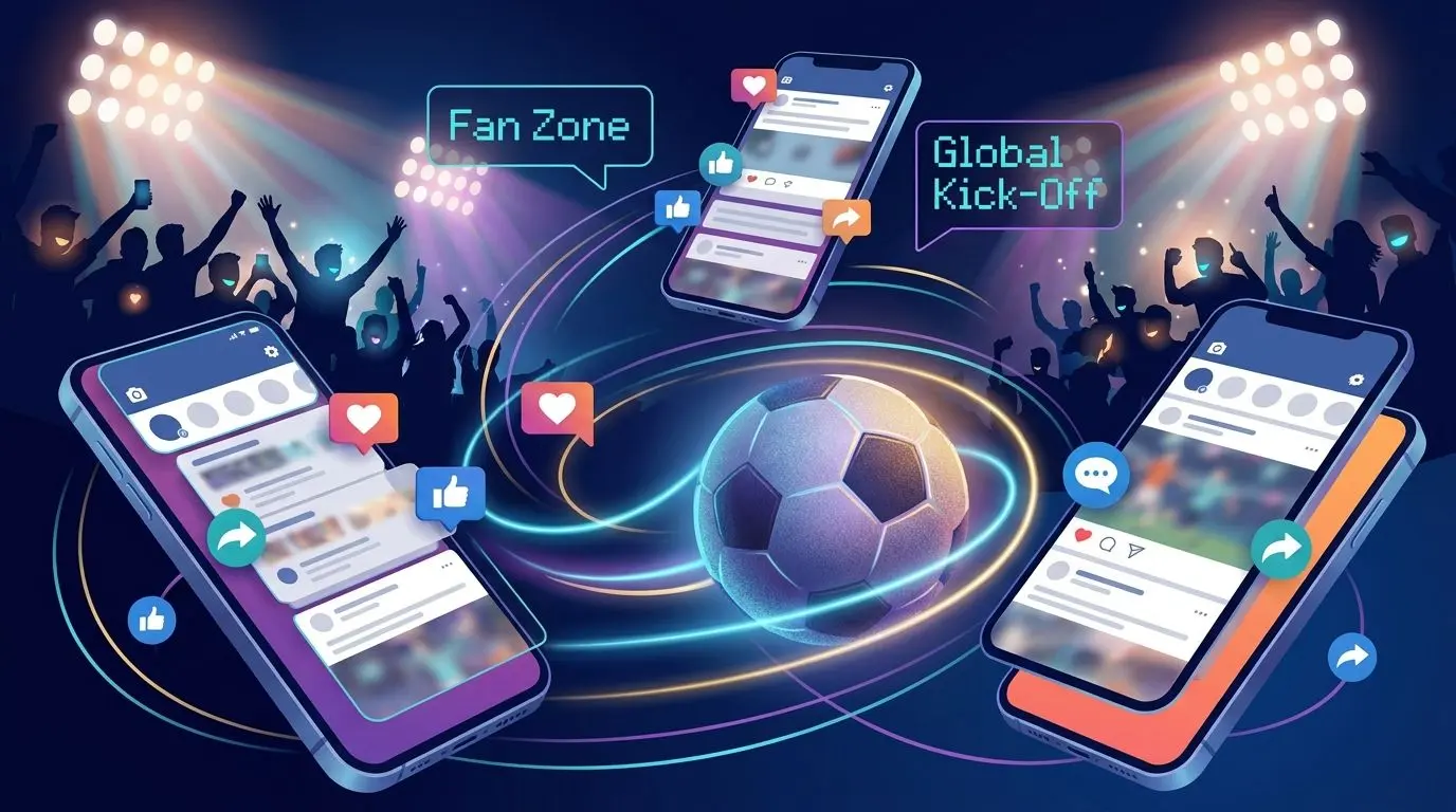 Collage social e calcio con smartphone e pallone