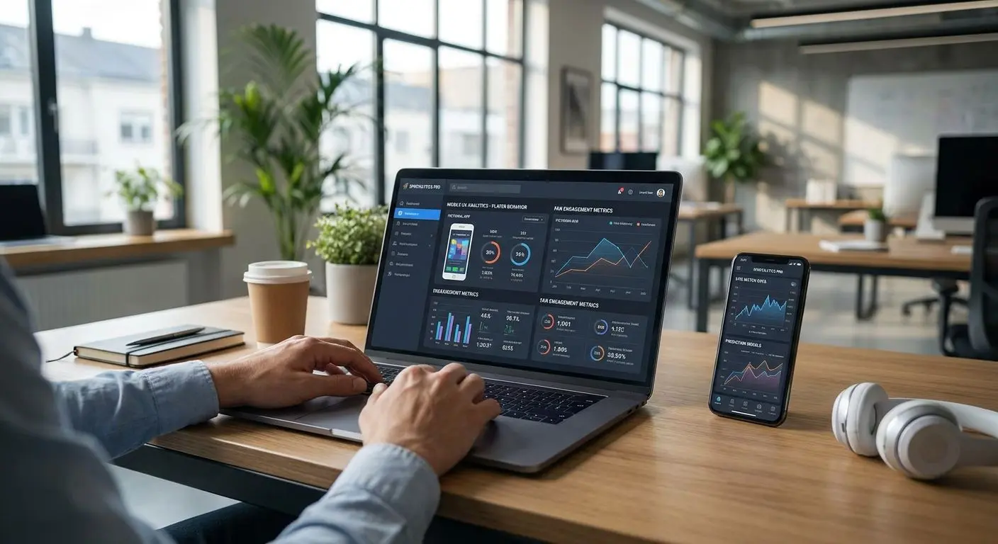 Analista al lavoro con laptop e smartphone su dati di app sportiva