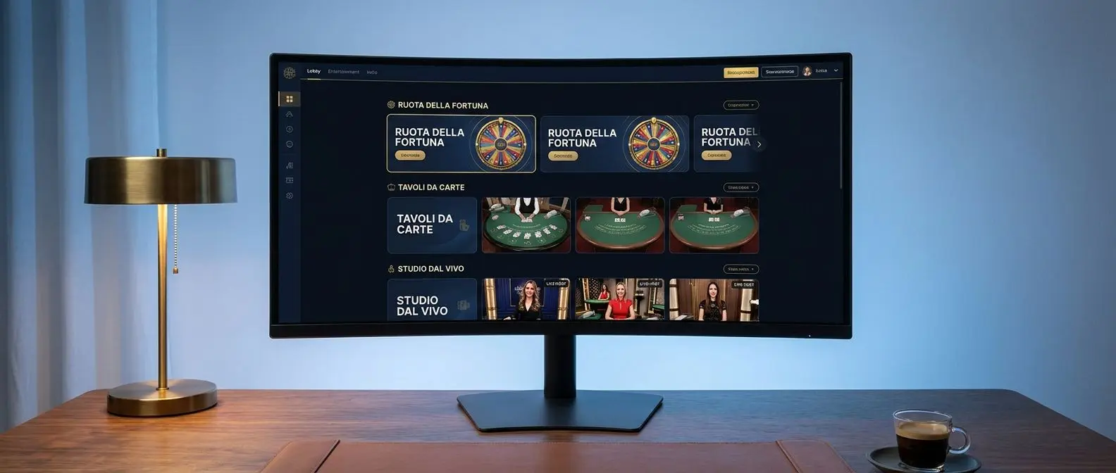 Panoramica della lobby online con giochi da tavolo e live