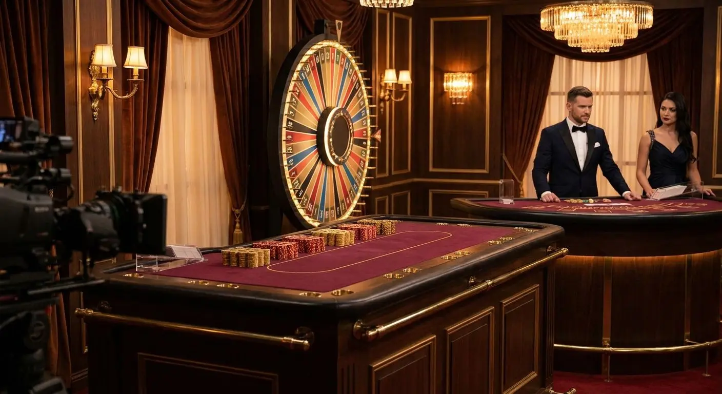 Tavolo live con croupier, fiches e atmosfera elegante