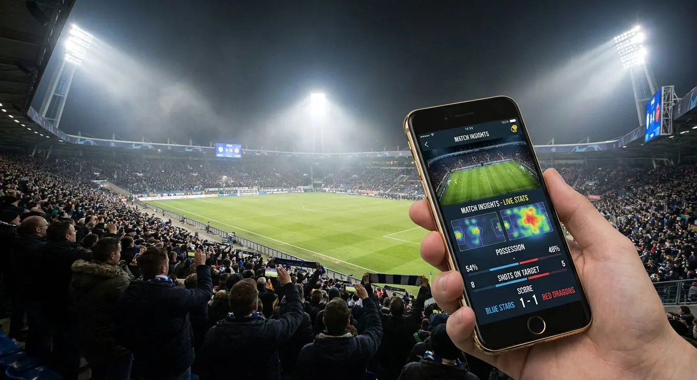 Stadio europeo con interfaccia sportiva su smartphone