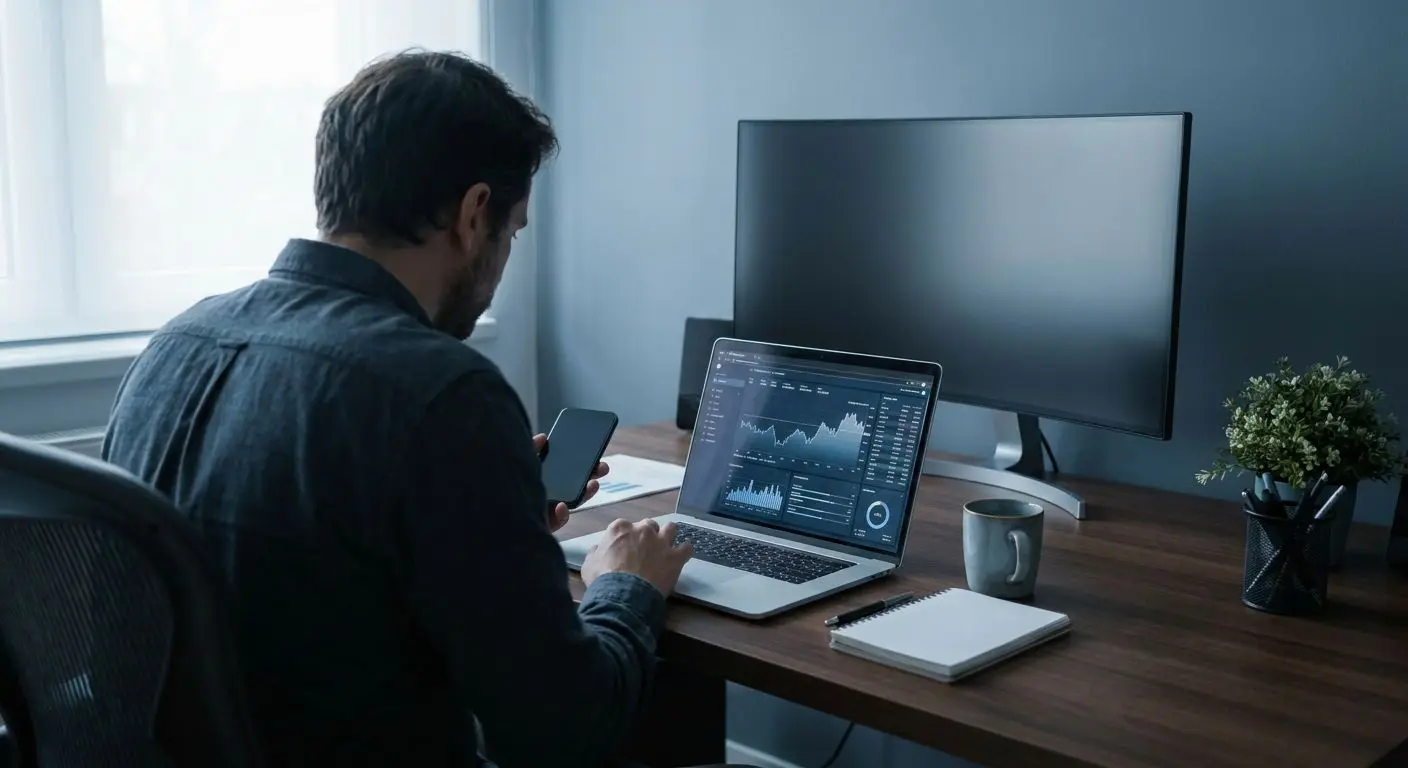 Esperto al lavoro su laptop e smartphone in ufficio