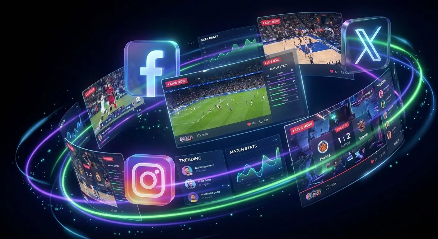 Collage social Bwin con icone e atmosfera live sportiva