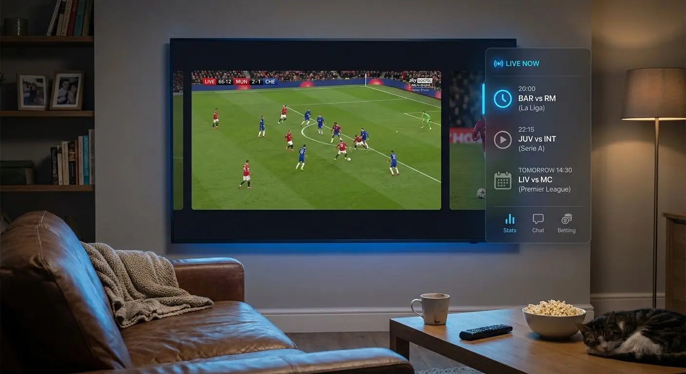 Player streaming sportivo con partita in corso e lista eventi live