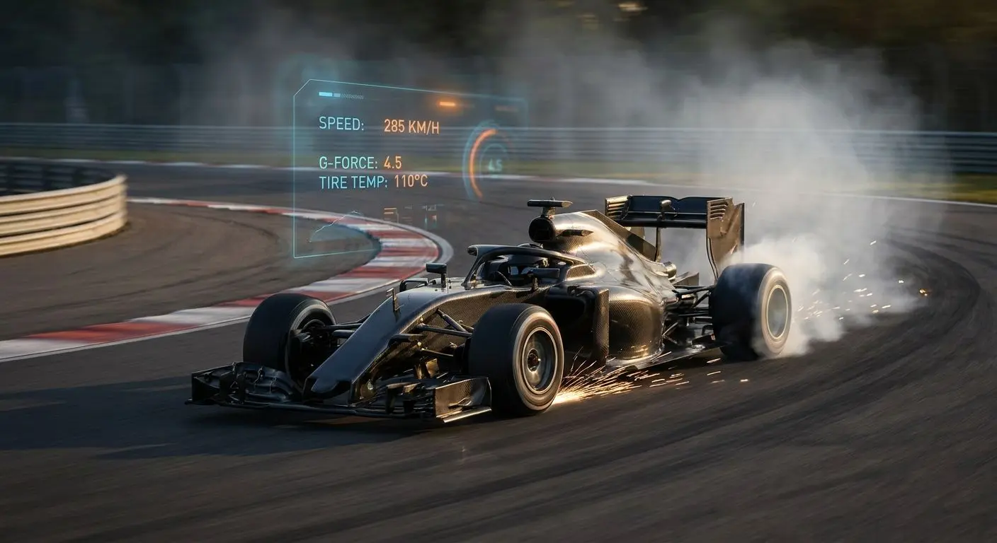 Monoposto di Formula 1 in azione su un circuito con dati sportivi sullo sfondo