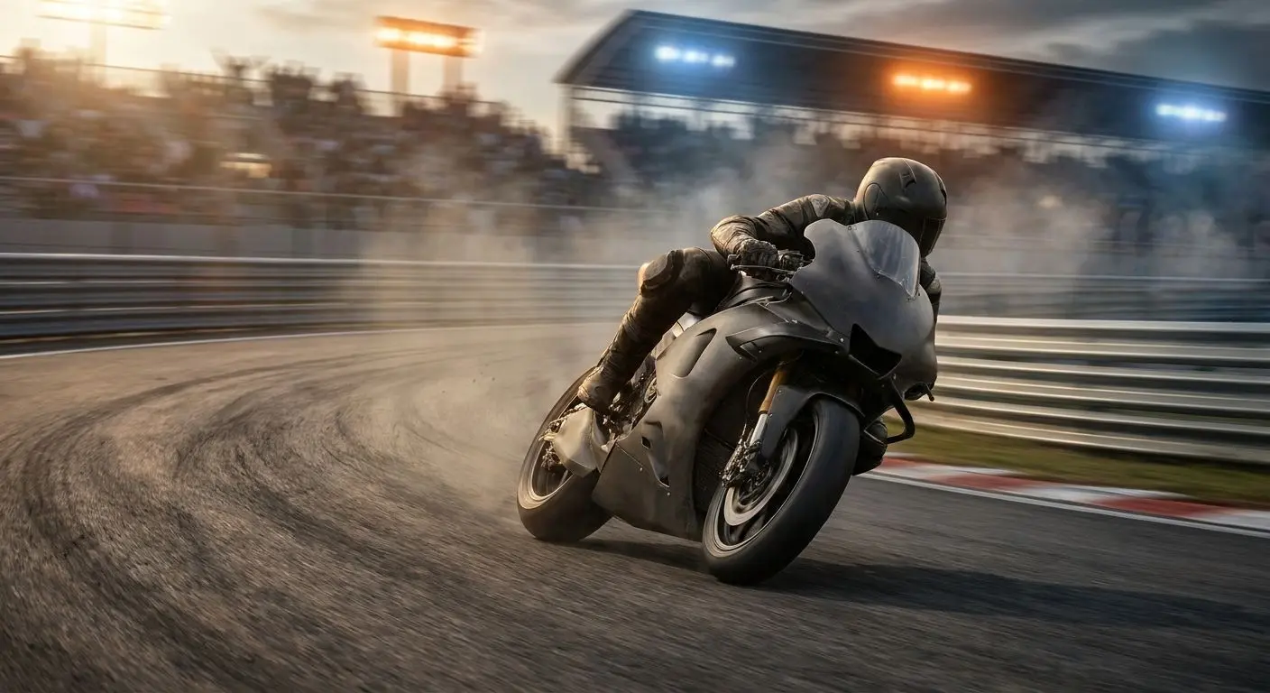 Moto da gara in piega durante un Gran Premio