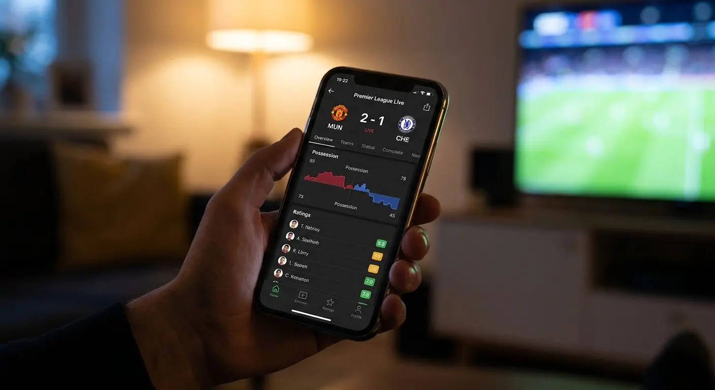 Dispositivo mobile con schermata live di una partita di Premier League
