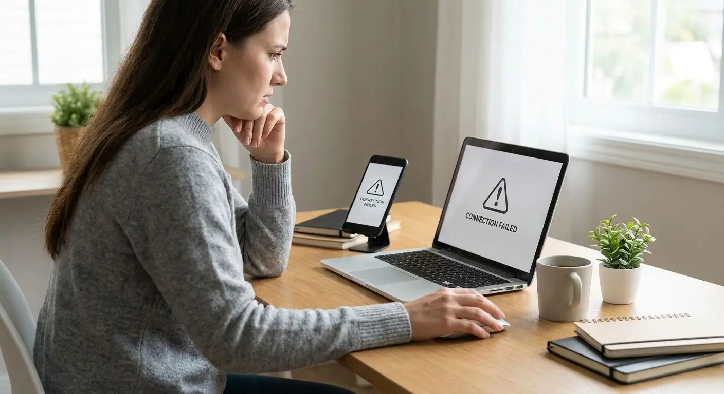 Utente davanti a PC e smartphone con errore di connessione generico