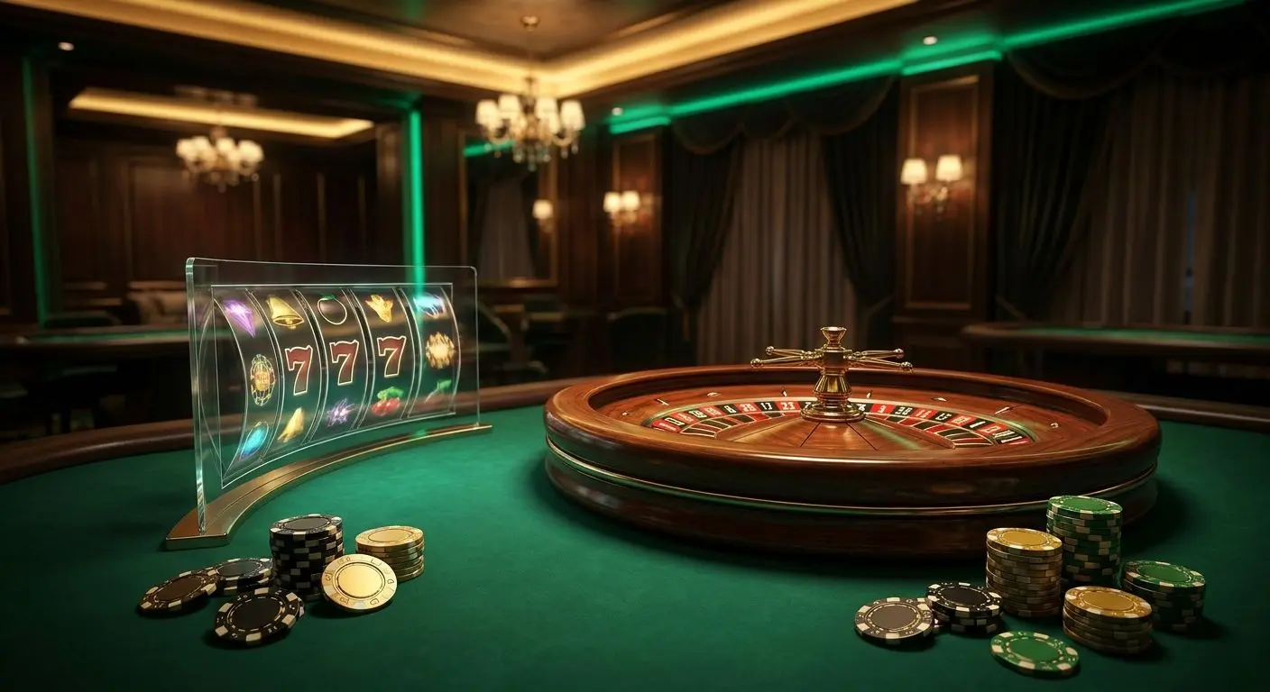 Illustrazione delle promozioni casinò con slot e tavolo verde