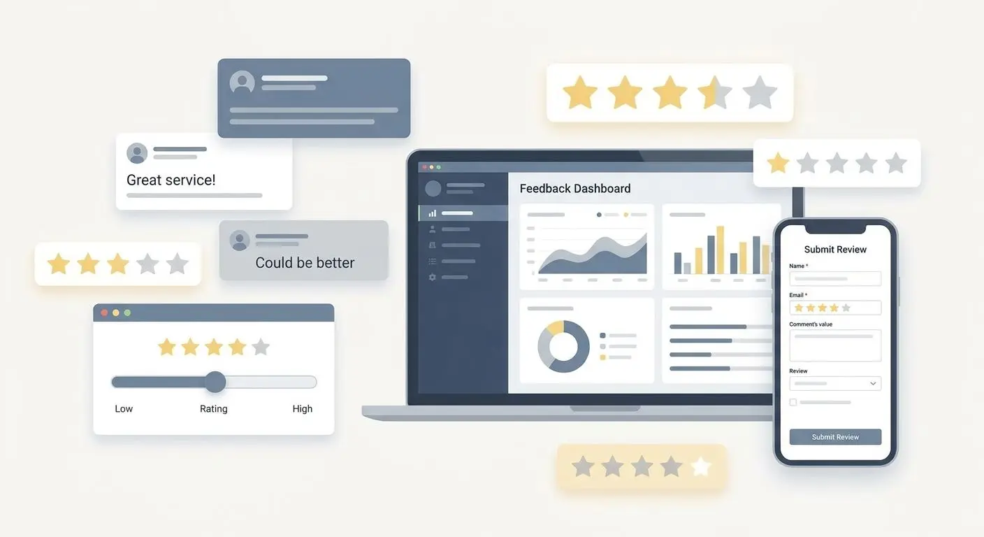 Collage di recensioni online e valutazioni utenti