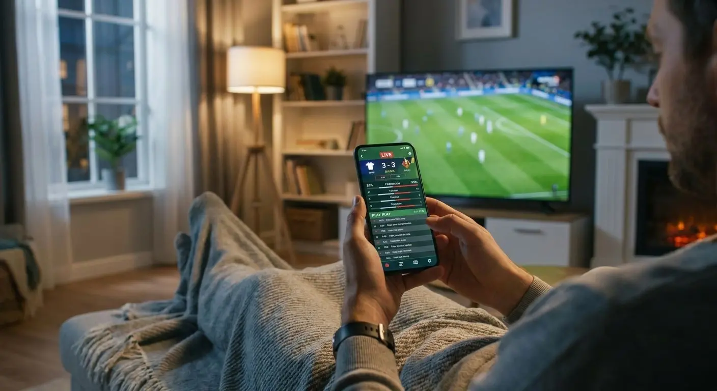 Esperienza live sportiva su dispositivo mobile Esperienza live con partita in TV e smartphone con interfaccia sportiva in diretta