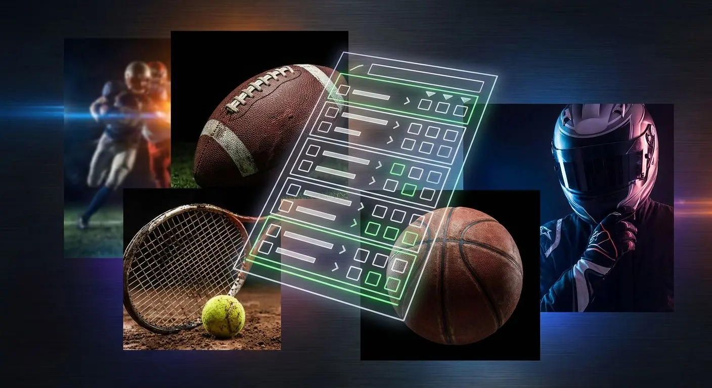 Sport e mercati disponibili online Collage di calcio tennis basket e motori con ticket sportivo stilizzato