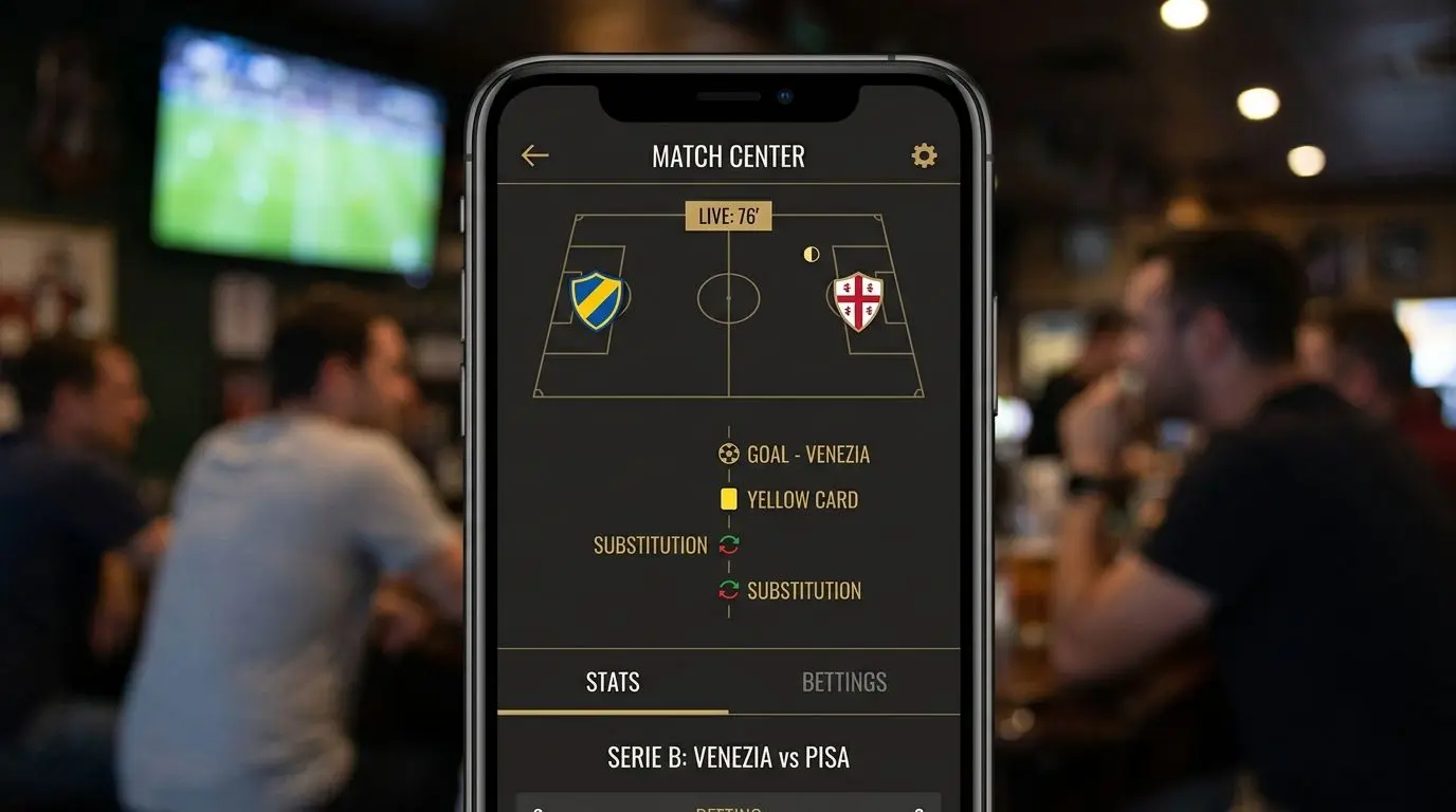 Schermata live di una partita di Serie B con campo e tempo di gioco