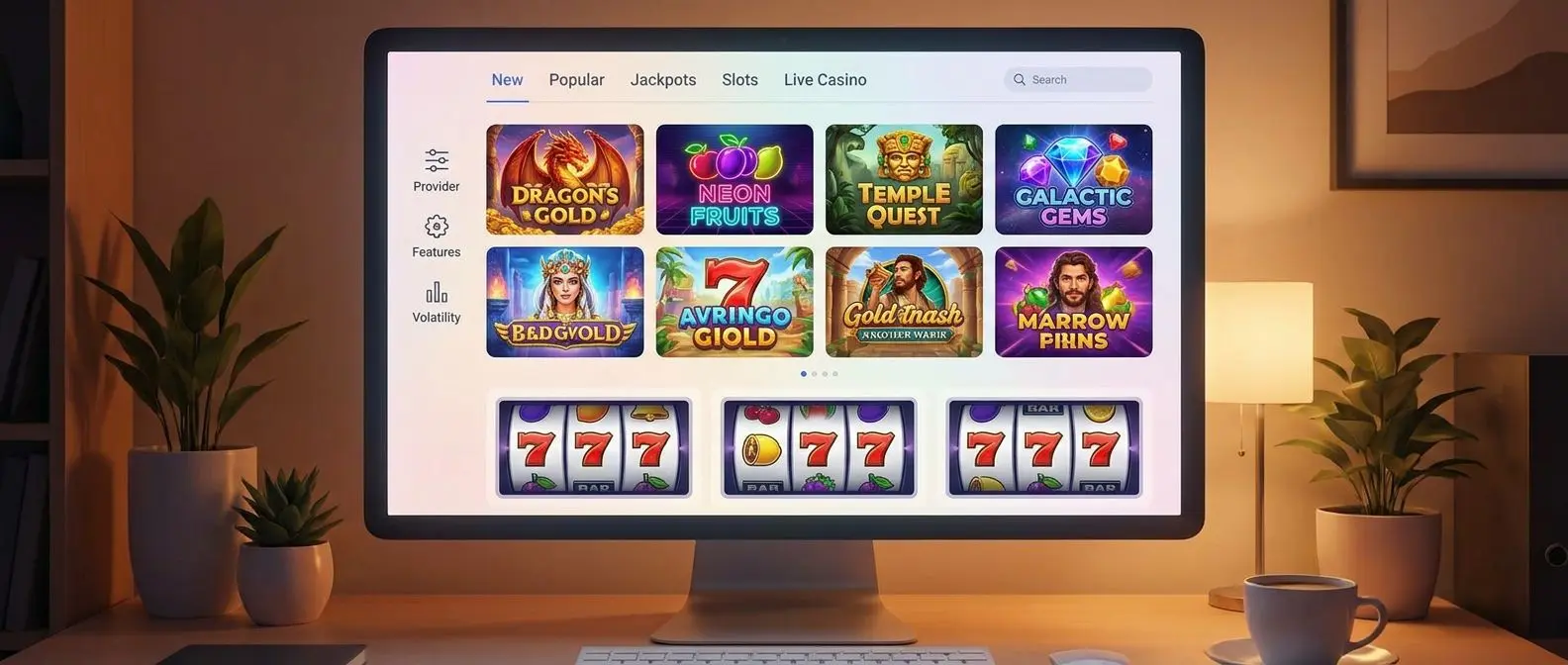 Interfaccia lobby slot con categorie e anteprime giochi