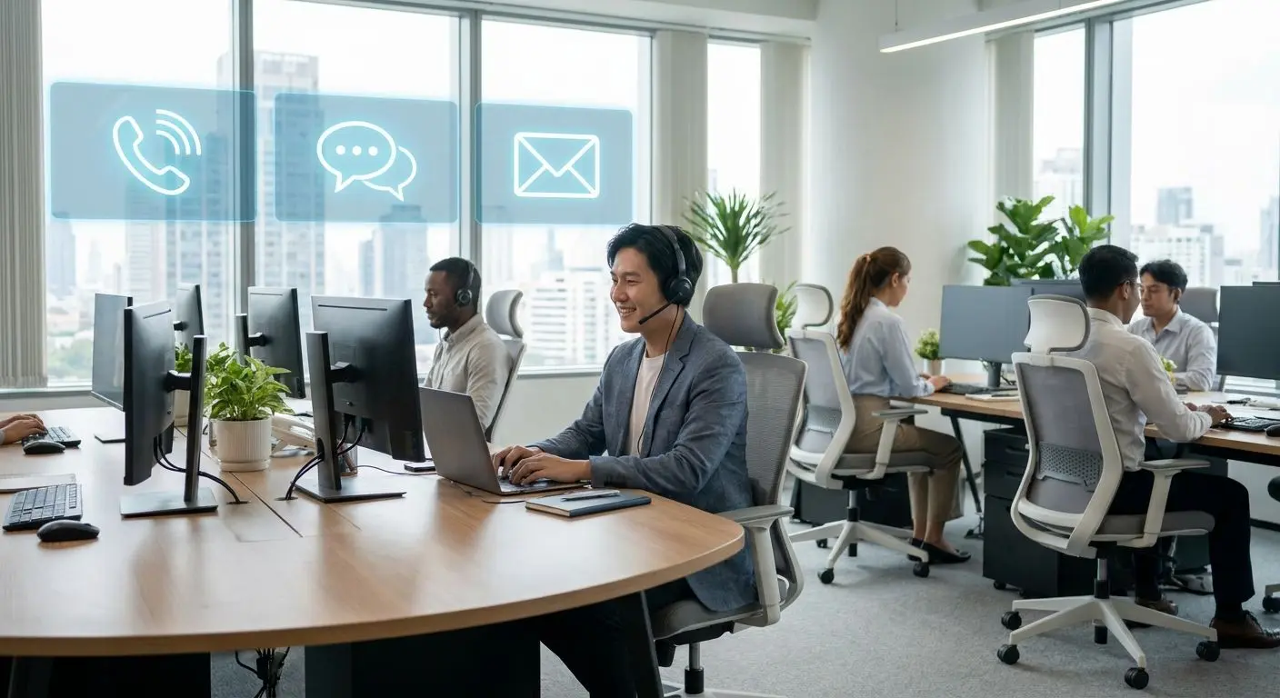 Operatore di supporto digitale con icone telefono chat ed email