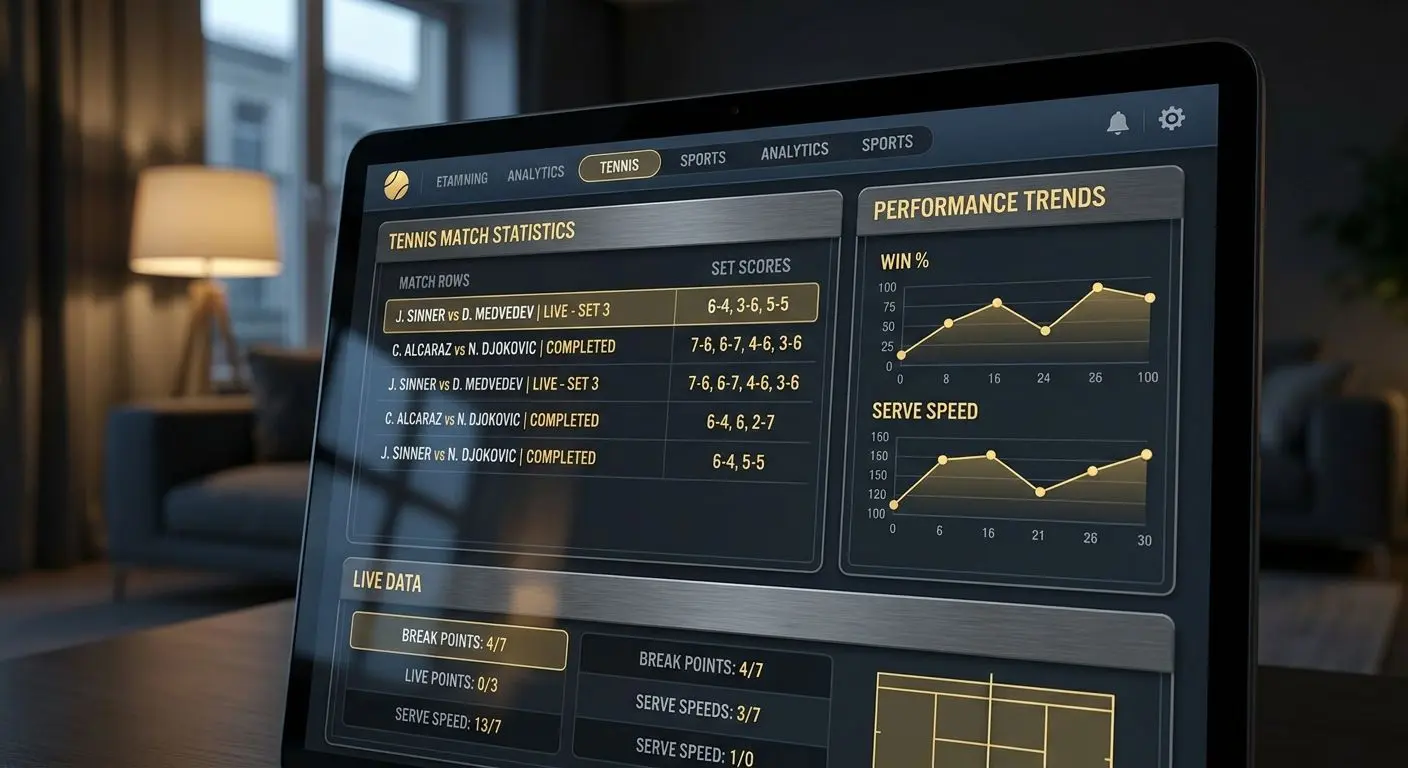 Interfaccia stilizzata della sezione tennis con quote e statistiche