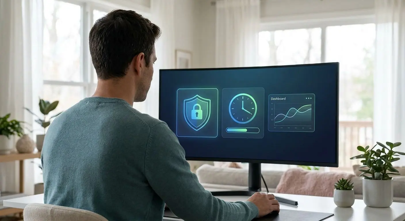 Utente in ambiente digitale sicuro con icone di protezione e controllo